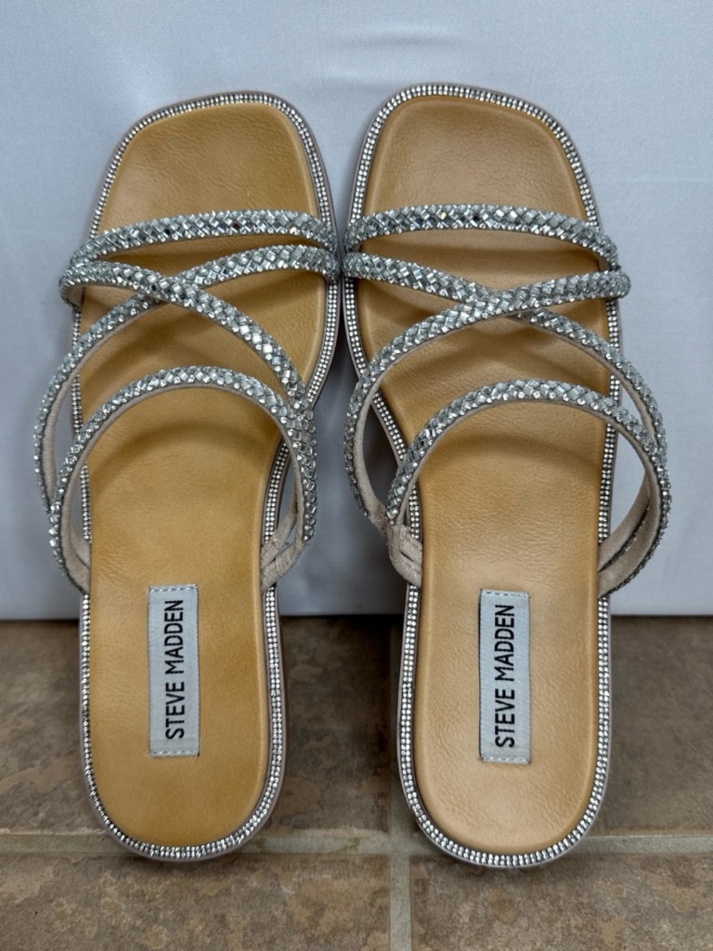 Steve Madden Silver Crystal-Strap Slide Sandals